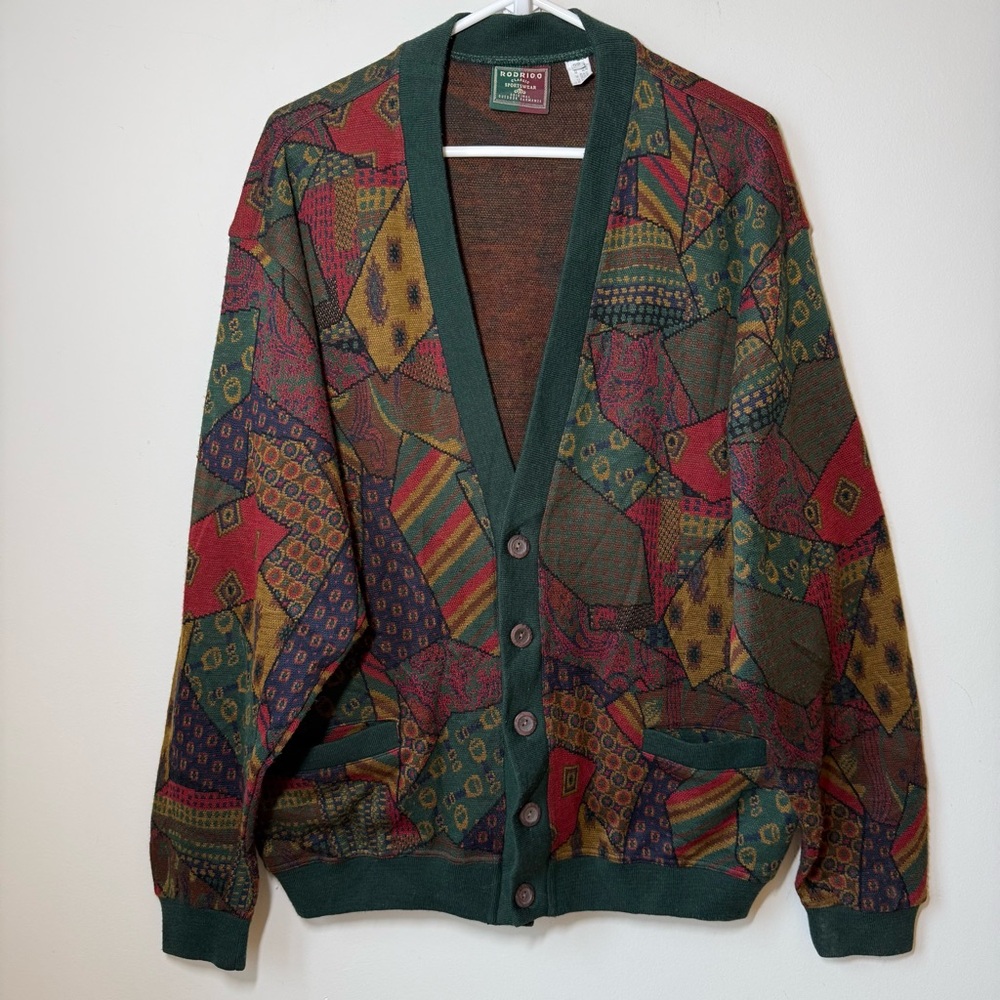 Patchwork pattern knit oversized cardigan wool blend pockets multicolor vintage